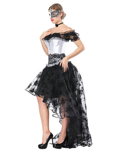 Gothic Costume Halloween Women Black Lace Short Sleeve Top Corset And Asymmetrical Skirt