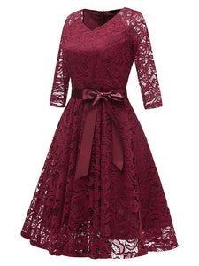V Neck Soild Color Long Sleeve Bow Lace A line Vintage Dress