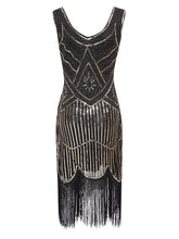 Load image into Gallery viewer, Gold 1920s V Neck Sequined Flapper Dress
