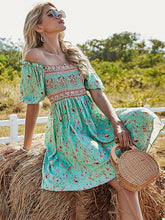 Load image into Gallery viewer, Women&#39;s Green Floral Boho Dress Short Ruffle Sleeve Square Neck Beach Dress