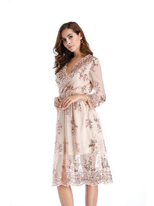 Deep V Sequin  Half Sleeve Party Dress
