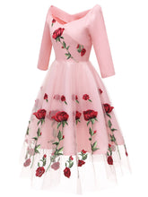 Load image into Gallery viewer, Solid Color Rose Embroidered Sweetheart A line Vintage Dress