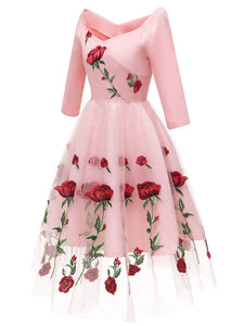 Solid Color Rose Embroidered Sweetheart A line Vintage Dress