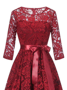Lace O Neck 3/4 Length Sleeve High Low Hem Vintage Dress