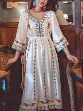 Load image into Gallery viewer, Women&#39;s Bohemian Floral Embroidered V Neck 3/4 Flared Sleeves Boho Dress