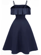 Load image into Gallery viewer, Navy 1950s Spaghetti Strap Ruffles Vintage Dress