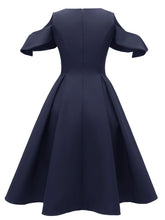 Load image into Gallery viewer, Navy 1950s Open Shoulder Ruffles Vintage Dress
