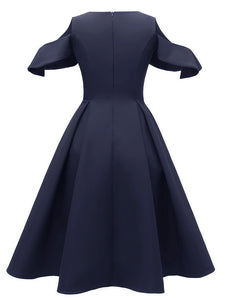Navy 1950s Open Shoulder Ruffles Vintage Dress