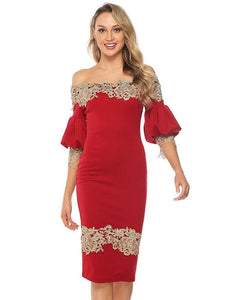 Off Shoulder Bishop Sleeve Lace  Party Dress