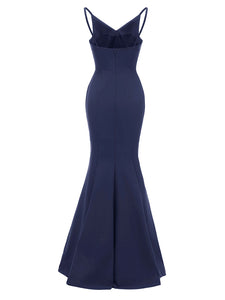 Sling Solid Color Backless Spilt Satin Vintage Party Maxi Dress