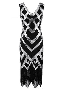 Black 1920S Retro Sequin Fringed Flapper Dress, Black Silver / M