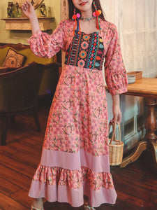 Women's Bohemian Floral Printed Embroidered Square Neck 3/4 Pleated Sleeve Boho Maxi Dress