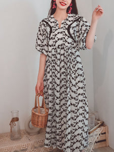 Jolly Vintage Women's Lace Embroidered Black Floral Half Sleeves Boho Maxi Dress