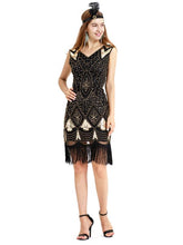 Load image into Gallery viewer, Black Gold 1920s V Neck Sequined Flapper Dres