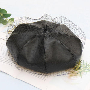 Black Faux Leather Beret Hat Cap With Veil