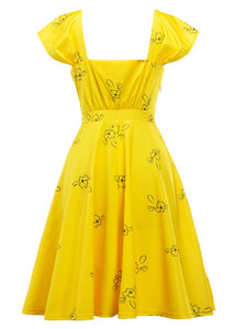 Yellow Sweet Cap Sleeve Printed Vintage Dress