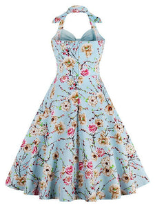 Halter Off Shoulder Floral Bow A Line High Waist 1950s 1960s Dress ...