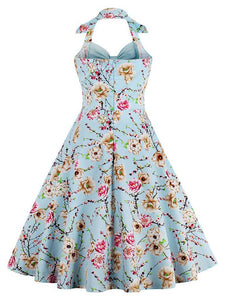 Halter Off Shoulder Floral Bow Retro Dress