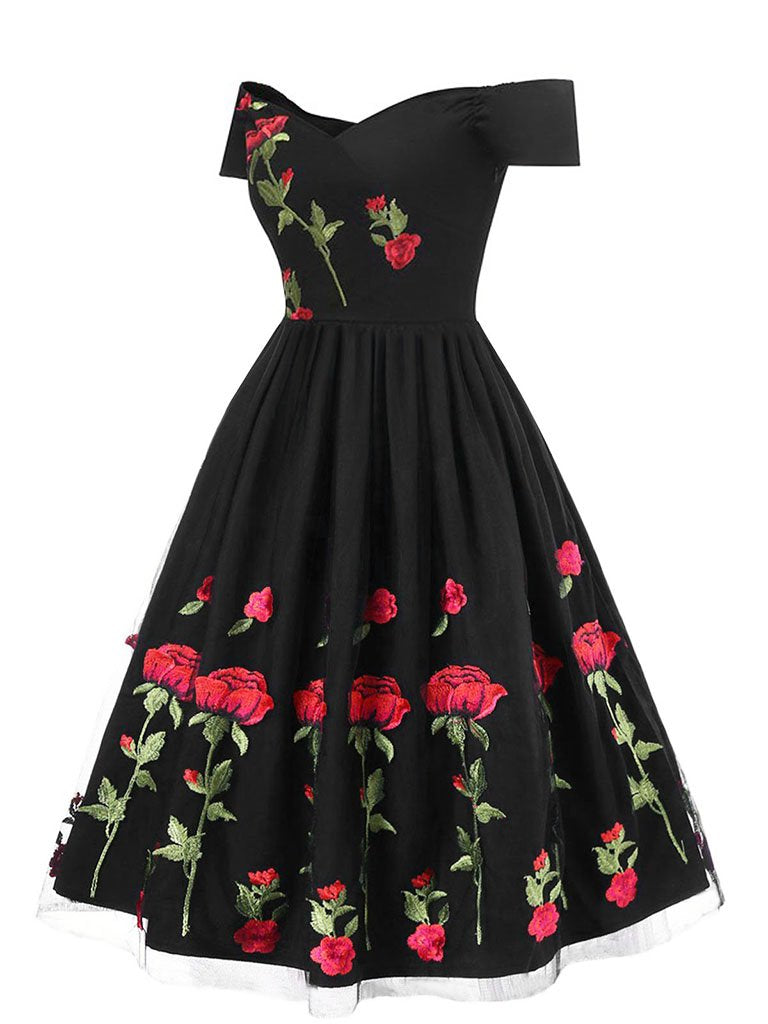 Off Shoulder 1950s Rose Embroidery Dress Black / 2XL Off Shoulder 1950s Rose Embroidery Dress Black / 2XL