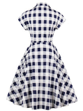Load image into Gallery viewer, Blue White 1950s Pockets Plaid Dress