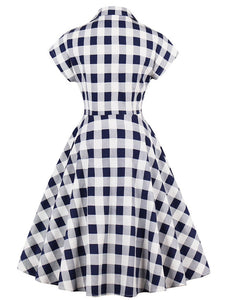 Blue White 1950s Pockets Plaid Dress