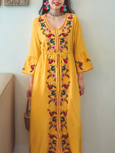 Jolly Vintage Bohemian V Neck Embroidered Floral Flared Long Sleeve Boho Dress