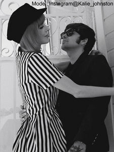 Beetlejuice Costume Pocket Dress Black and White Vertical Stripe Dress With Sunglasses