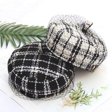 Load image into Gallery viewer, Black White Plaid Worsted Beret Hat Cap With Veil