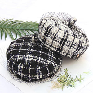 Black White Plaid Worsted Beret Hat Cap With Veil