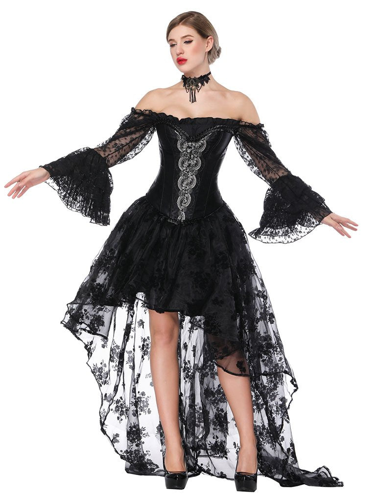 halloween black corset dress Halloween Costume Gothic Black Vintage Corset Top High Low Skirt For Women, Black / XL