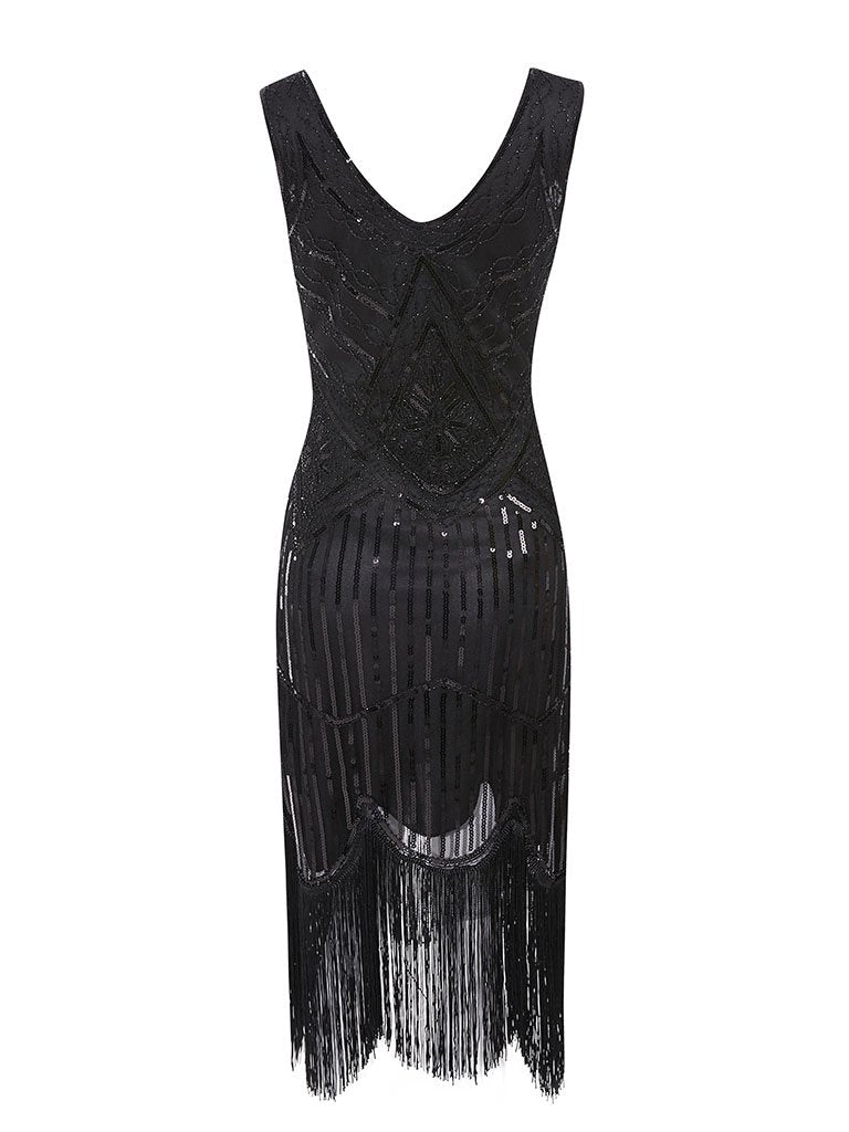 4 Colors 1920s V Neck Sequined Flapper Dress, White / XL