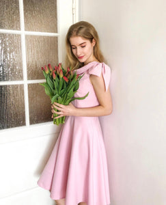 Pink High Waist 1950s Off Shoulder Bow Dress