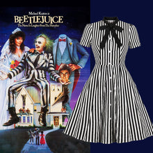 Load image into Gallery viewer, Beetlejuice Costume Pocket Dress Black and White Vertical Stripe Dress With Sunglasses