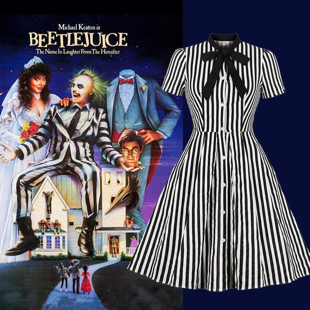 Beetlejuice Costume Pocket Dress Black and White Vertical Stripe Dress – Jolly Vintage