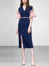 Load image into Gallery viewer, Navy V Neck Ruffles Sleeve 1940S Bodycon Vintage Dress