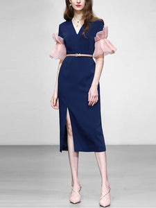 Navy V Neck Ruffles Sleeve 1940S Bodycon Vintage Dress