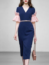Load image into Gallery viewer, Navy V Neck Ruffles Sleeve 1940S Bodycon Vintage Dress