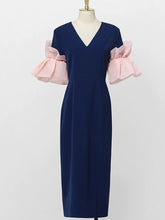 Load image into Gallery viewer, Navy V Neck Ruffles Sleeve 1940S Bodycon Vintage Dress