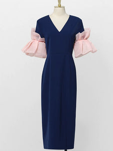 Navy V Neck Ruffles Sleeve 1940S Bodycon Vintage Dress