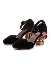 Load image into Gallery viewer, Luxury Velvet Shoes Women Round Toe Gold Metallic Fretwork Floral Heels
