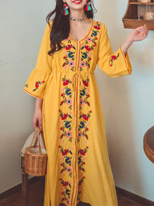 Jolly Vintage Bohemian V Neck Embroidered Floral Flared Long Sleeve Boho Dress