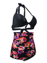 Load image into Gallery viewer, 

Black Floral Print Halter Backless Retro Style Binikis Swimwear