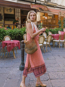 Women's Boho Dress Floral Printed Spaghetti Strap Beach Dress Maxi Dress