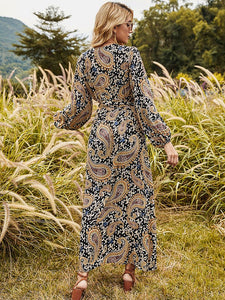Women's Floral Boho Dress Long Sleeve Split Skirt Beach Party Dress