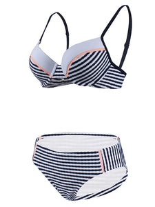 Concise High Waisted Two Piece Striated Triangle Bikini Sets 
