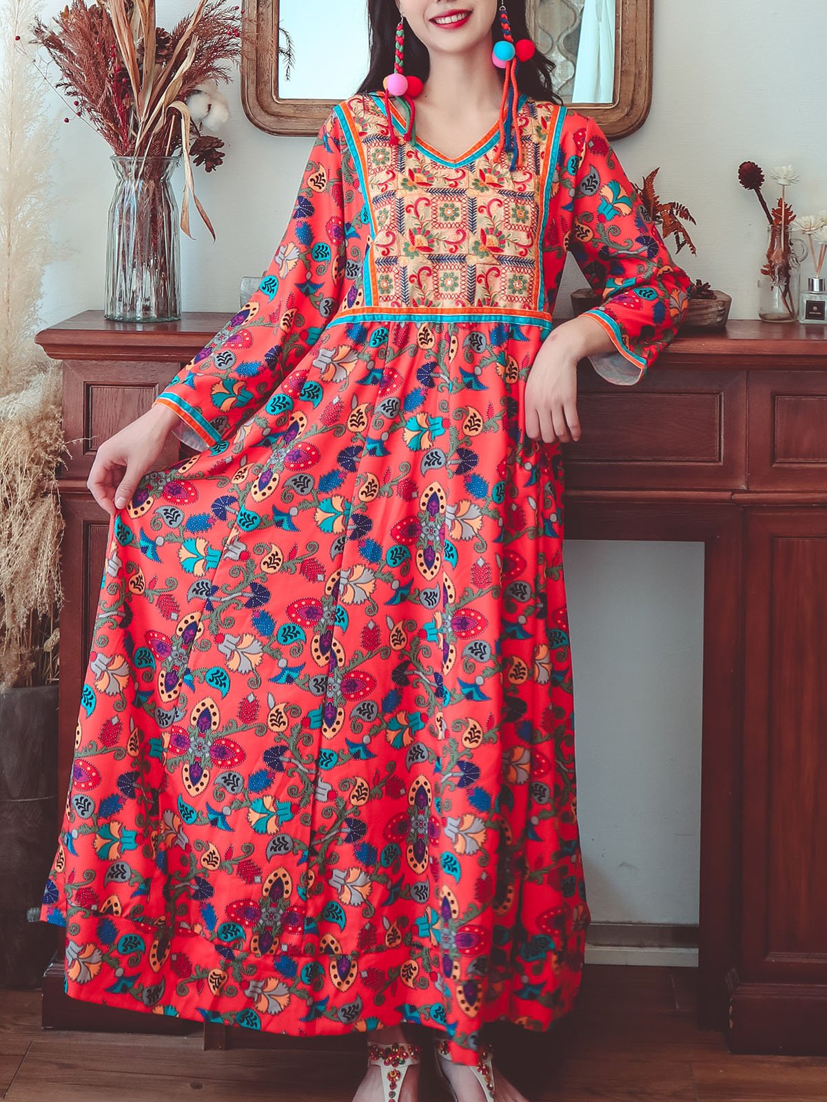 Jolly Vintage Women's Embroidered Printed Floral V Neck Long Sleeves Boho Maxi Dress, Orange / M Jolly Vintage Women's Embroidered Printed Floral V Neck Long Sleeves Boho Maxi Dress, Orange / M