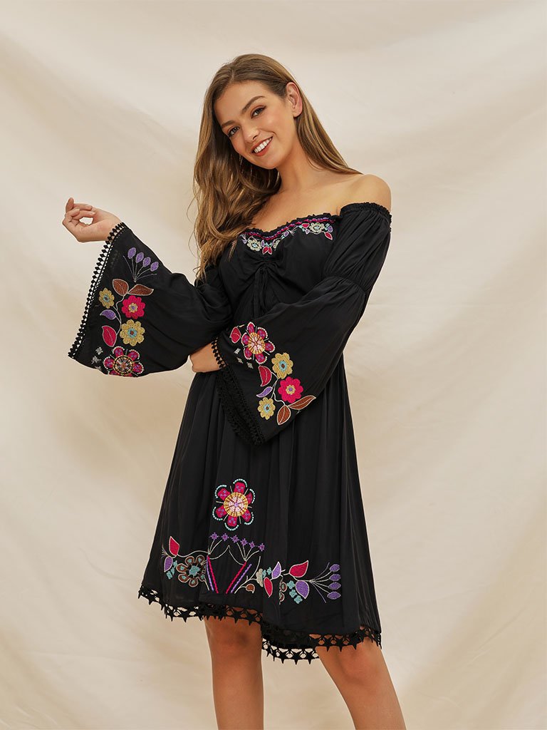 Women's Boho Dress Black Off Shoulder Floral Embroidered Dress, Black / S