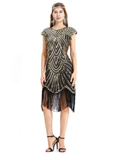 Load image into Gallery viewer, Gold 1920s Crew Neck  Cape Sequined Fringed Flapper Dres