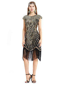 Gold 1920s Crew Neck  Cape Sequined Fringed Flapper Dres
