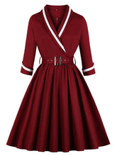 Load image into Gallery viewer, Navy 1950s V Neck Vintage Swing Dress With Belt